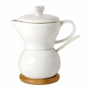 Debora Carlucci White Porcelain Creamer and Sugar Holder in One with Spoon on Wood Base 